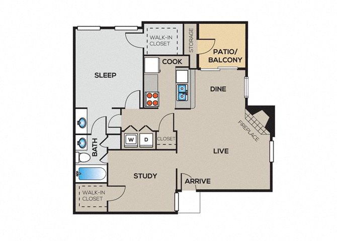 Floor plan for 1 bed, 1 bath, 844 sqft